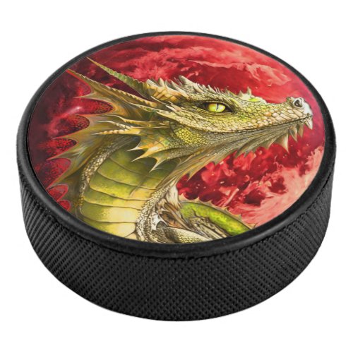 Dragon on Bloody Moon Hockey Puck