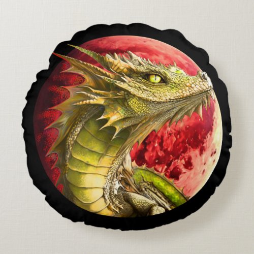 Dragon on Bloody Moon Round Pillow