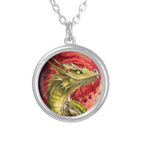 Dragon on Bloody Moon Silver Plated Necklace