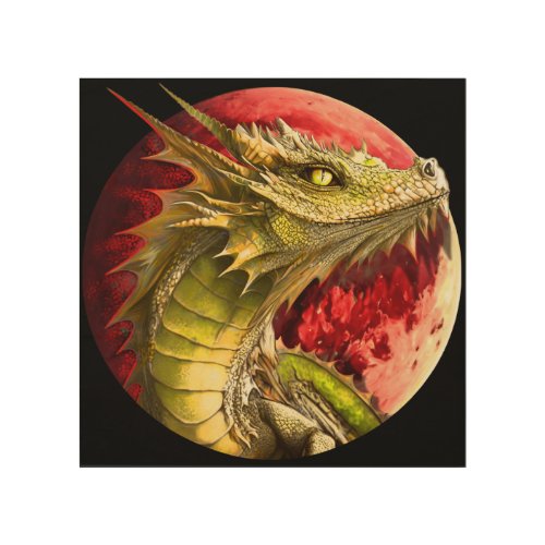 Dragon on Bloody Moon Wood Wall Art