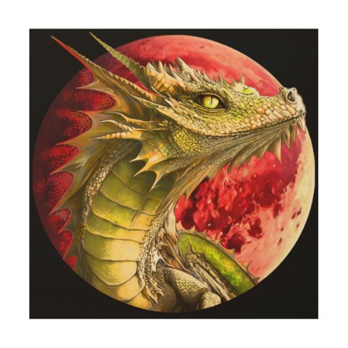 Dragon on Bloody Moon Wood Wall Art