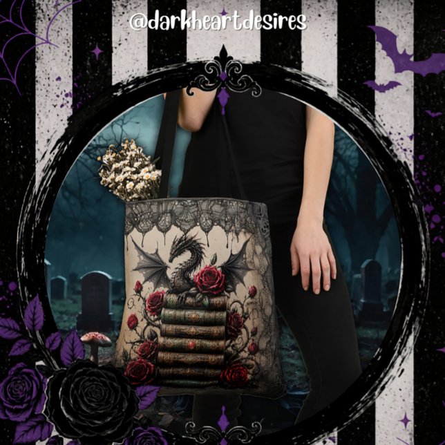Dragon on Book Stack with Roses Tote Bag (Creator Uploaded)