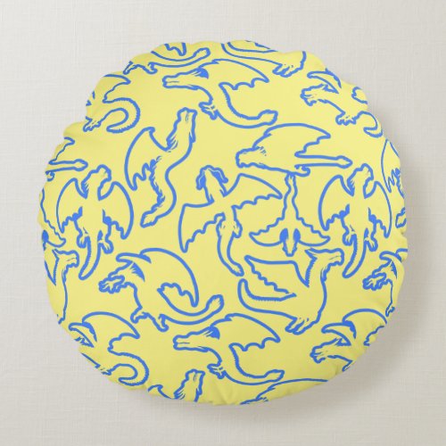Dragon outline pattern 03b L Yellow BG Round Pillow