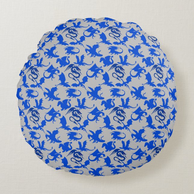 Dragon pattern 02 blue.bwx4 grey BG Round Pillow (Front)