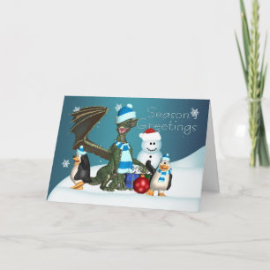 Dragon & Penguin Christmas Card, Season's Greeting Holiday Card