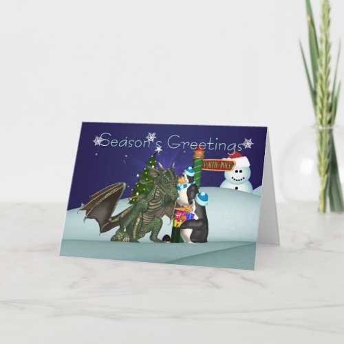 Dragon  Penguin Christmas Card Seasons Greeting Holiday Card