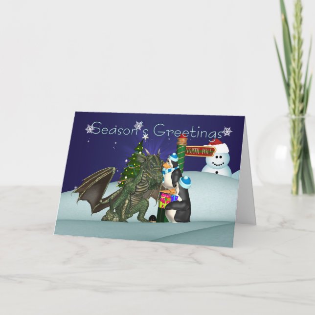 Dragon & Penguin Christmas Card, Season's Greeting Holiday Card (Front)