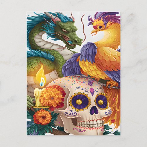 Dragon Phoenix And Skull Day Of The Dead Postcard