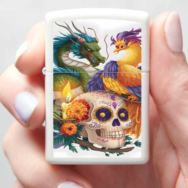 Dragon, Phoenix, And Skull Day Of The Dead Zippo Lighter (In Hand)