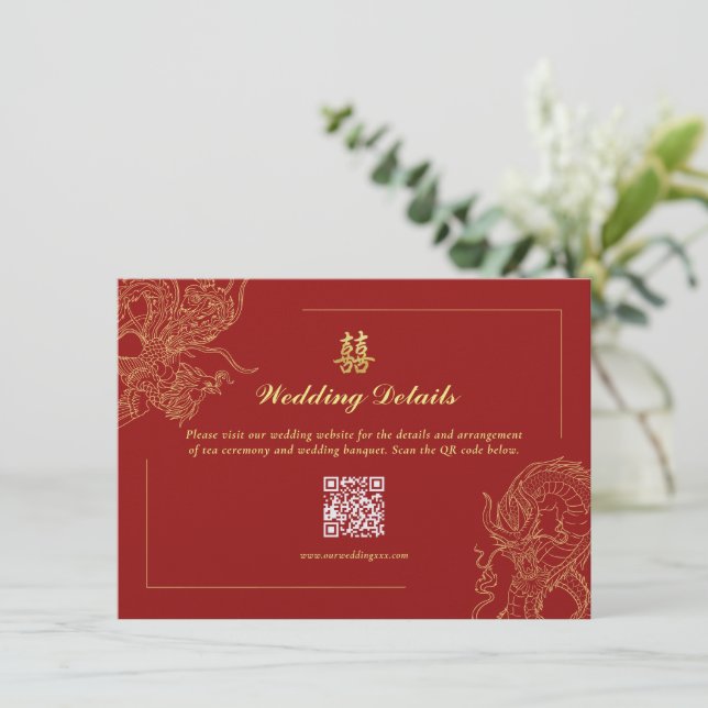Dragon Phoenix Chinese Wedding details QR code Enclosure Card (Standing Front)