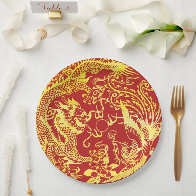 Dragon phoenix Chinese wedding logo Paper Plates (Wedding)