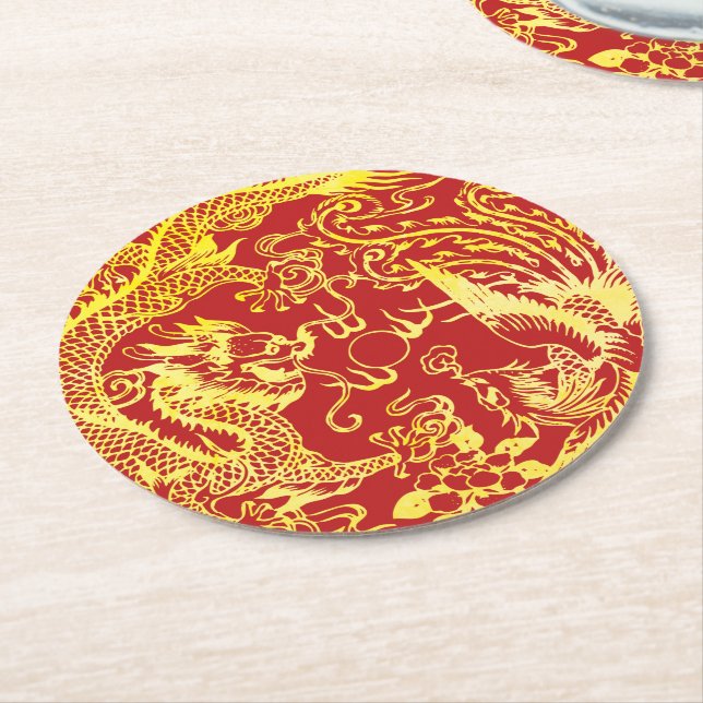 Dragon phoenix Chinese wedding logo Round Paper Coaster (Angled)