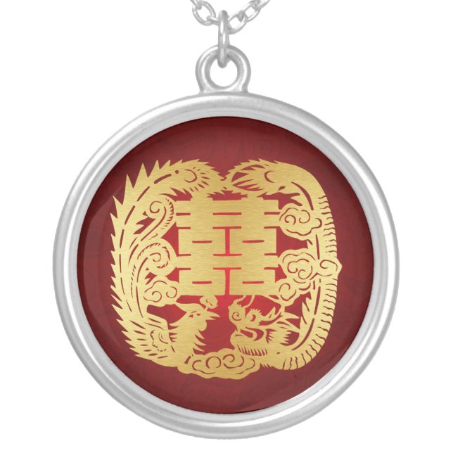 Dragon & Phoenix - Double Happiness Symbol Silver Plated Necklace (Front)