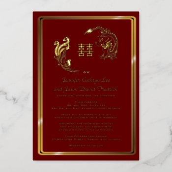 Dragon Phoenix Double Happiness Wedding Gold  Foil Invitation by riverme at Zazzle