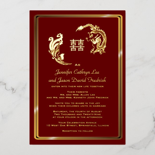 Dragon Phoenix Double Happiness Wedding Gold  Foil Invitation (Front)