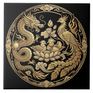 Dragon, Phoenix & Ducks In Gold On Black Ceramic Tile