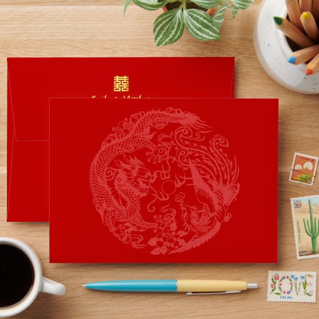 Dragon Phoenix red chinese wedding return address Envelope (Desk)