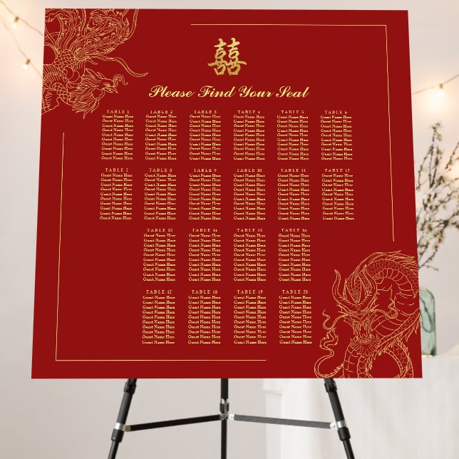 Dragon Phoenix red Chinese Wedding seating chart Foam Board (In Situ (Stand))