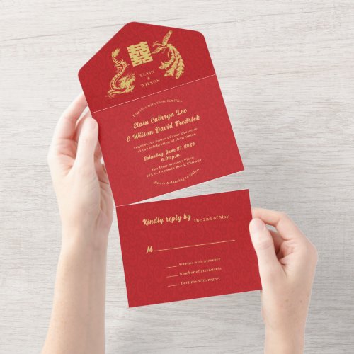 Dragon_Phoenix Red Gold Chinese Wedding All In One Invitation