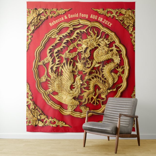Dragon Phoenix Red Gold Chinese Wedding Backdrop (In Situ)