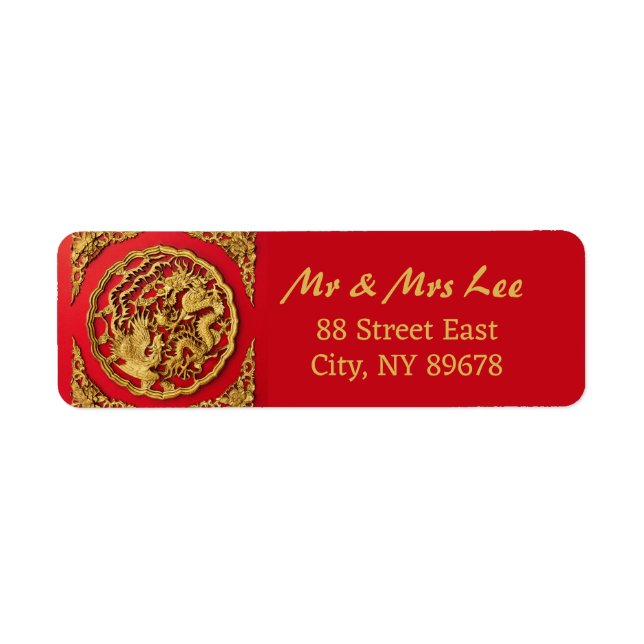 Dragon Phoenix Red Gold Chinese Wedding Couple Label (Front)