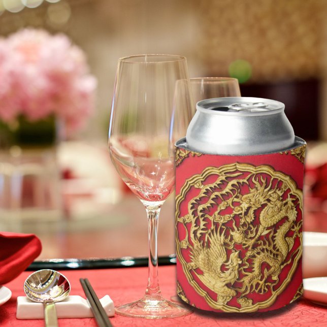 Dragon Phoenix Red Gold Chinese Wedding Favor Can Cooler (Dragon Phoenix Red Gold Chinese Wedding Favor Can Cooler)