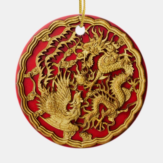 Dragon Phoenix Red Gold Chinese Wedding Favor Ceramic Ornament (Front)
