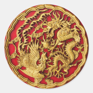 Dragon Phoenix Red Gold Chinese Wedding Favor Classic Round Sticker