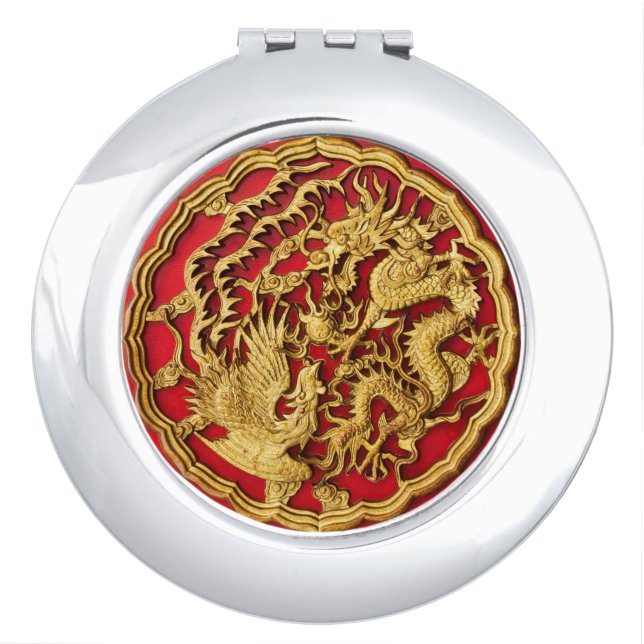 Dragon Phoenix Red Gold Chinese Wedding Favor Compact Mirror (Front)
