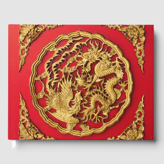 Dragon Phoenix Red Gold Chinese Wedding Favor Guest Book (Front)