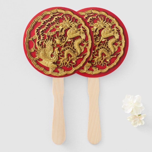 Dragon Phoenix Red Gold Chinese Wedding  Hand Fan (Front and Back)