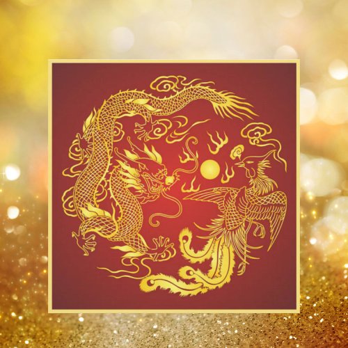 Dragon Phoenix Red Gold Chinese Wedding Invitation