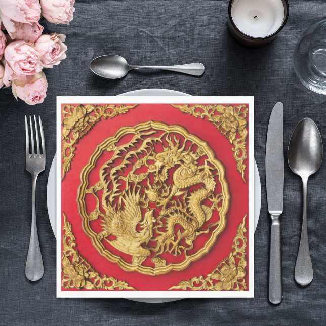 Dragon Phoenix Red Gold Chinese Wedding  Napkins (Dragon Phoenix Red Gold Chinese Wedding Napkins)