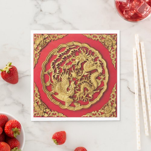 Dragon Phoenix Red Gold Chinese Wedding  Napkins
