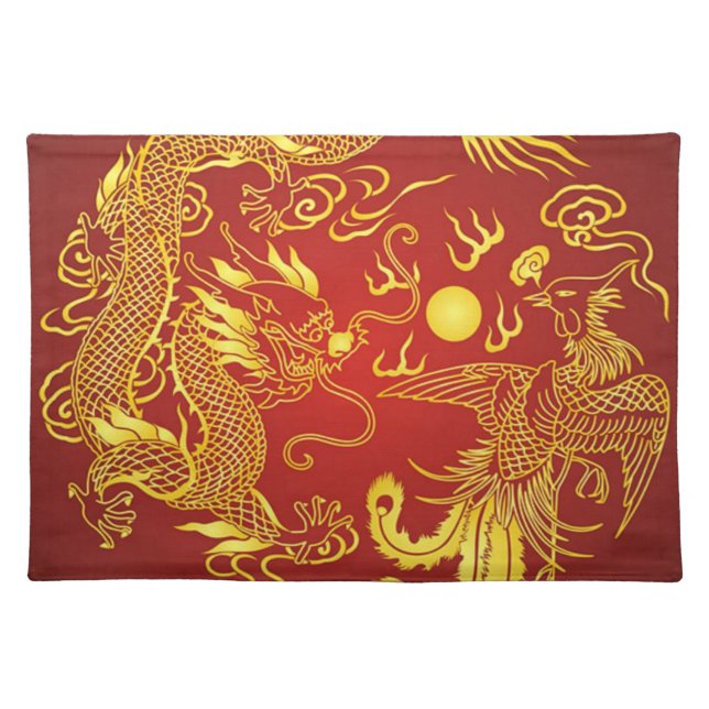 Dragon Phoenix Red Gold Chinese Wedding Placemats (Front)