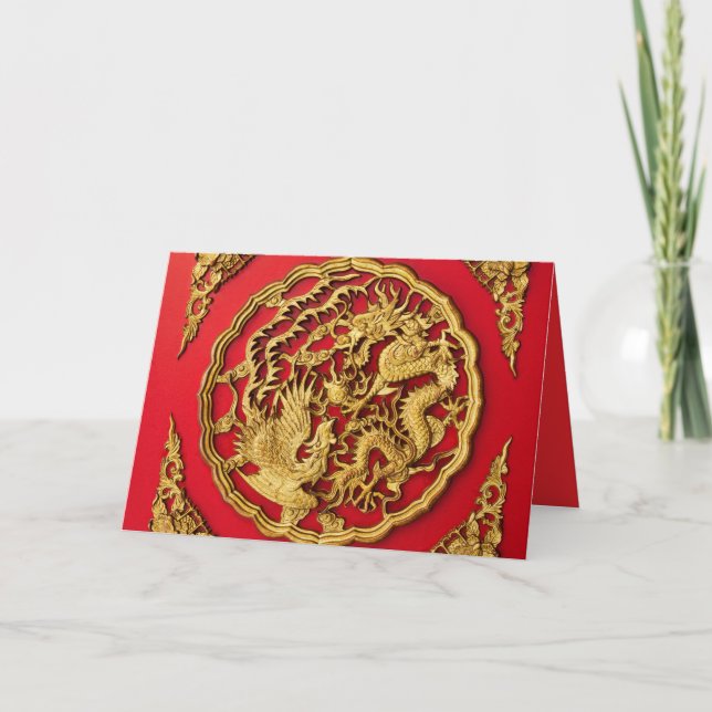 Dragon Phoenix Red Gold Chinese Wedding Thank You Note Card (Front)