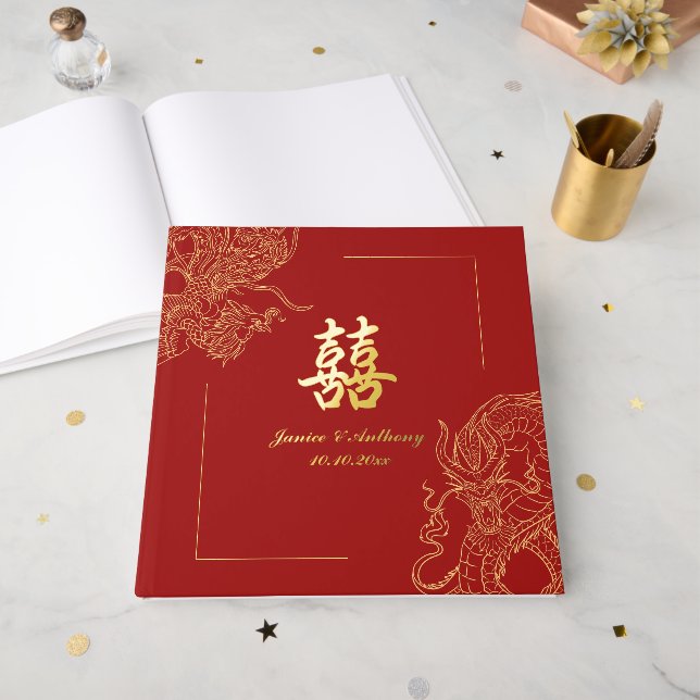 Dragon Phoenix Traditional Red Chinese Wedding  Foil Guest Book (Front Open)