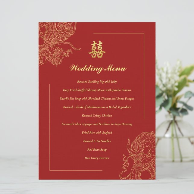 Dragon Phoenix Traditional Red Chinese Wedding  Menu (Standing Front)