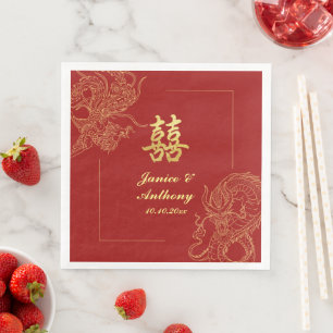 Dragon Phoenix Traditional Red Chinese Wedding  Paper Dinner Napkins
