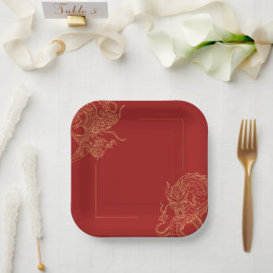 Dragon Phoenix Traditional Red Chinese Wedding  Paper Plates