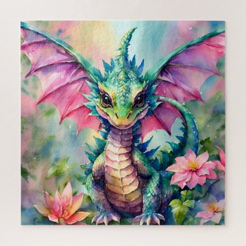 Dragon Pink and Green Floral Watercolor Jigsaw Puzzle