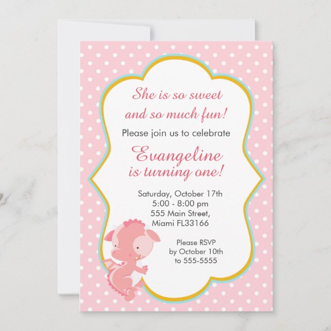 Dragon Pink Peach Girl Birthday Party Invitation (Front)