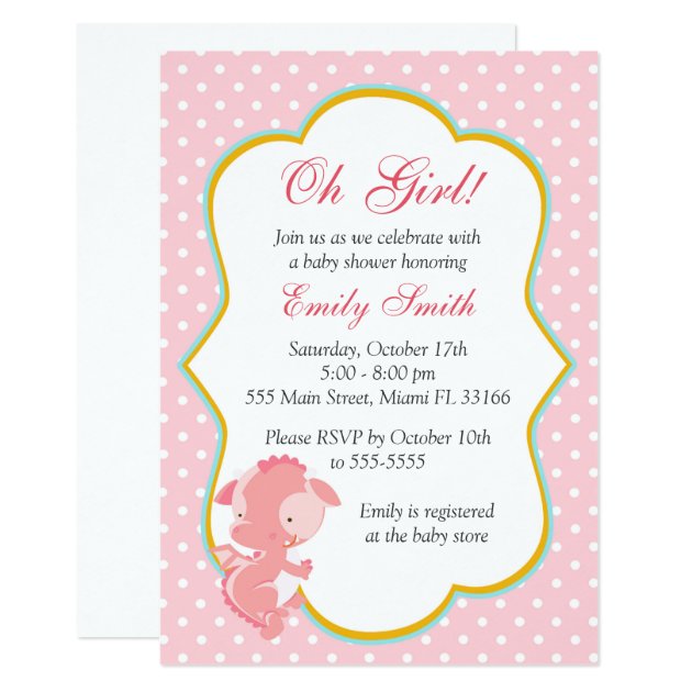 Dragon Pink Polka Dots Baby Girl Shower Invite