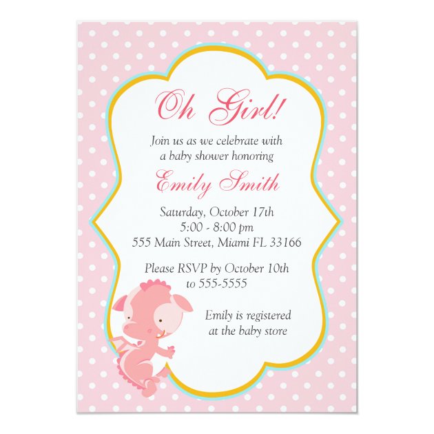 Dragon Pink Polka Dots Baby Girl Shower Invite