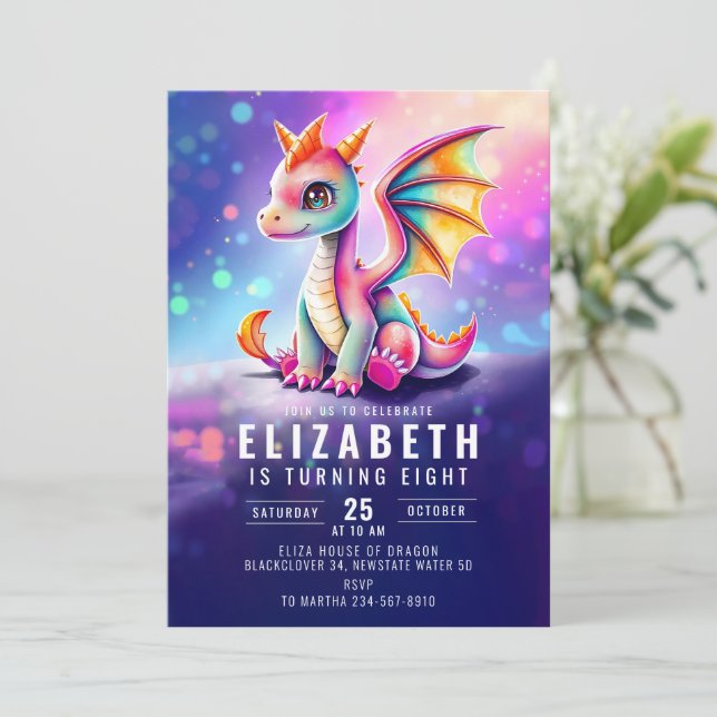 Dragon Pink Yellow Dark Birthday Party Invitation (Standing Front)