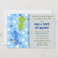 Dragon Polka Blue Twins Birthday Party Invitation