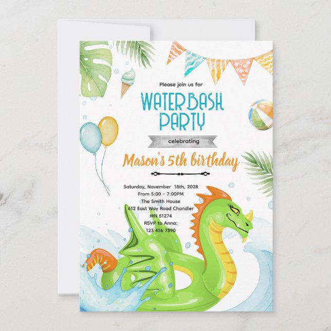 Dragon pool party theme invitation (Front)