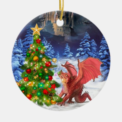 Dragon Pulling on Christmas Tree Ceramic Ornament