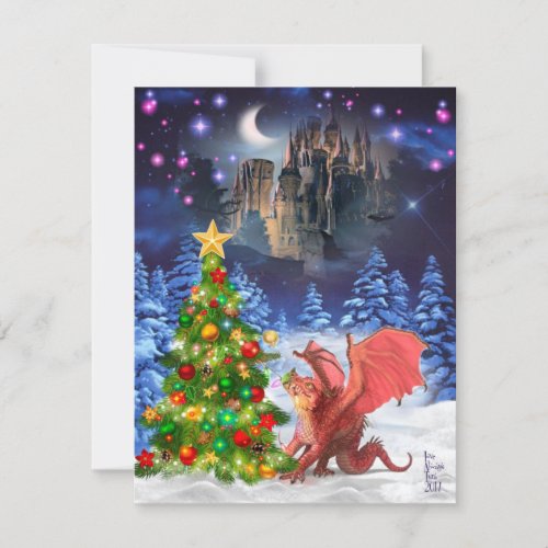 Dragon Pulling on Christmas Tree Holiday Card