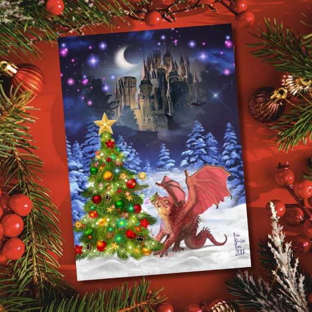 Dragon Pulling on Christmas Tree Holiday Card (Creator Uploaded)